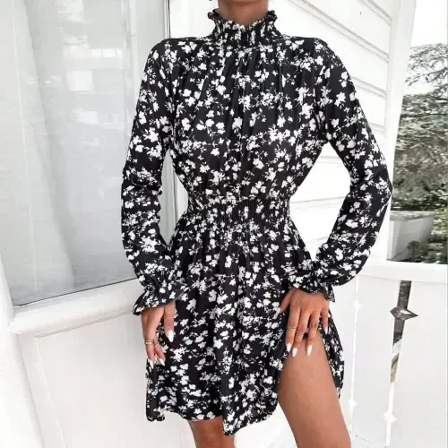 Women's Long Sleeve Turtleneck Floral Print Helen Fabric Dress - 7