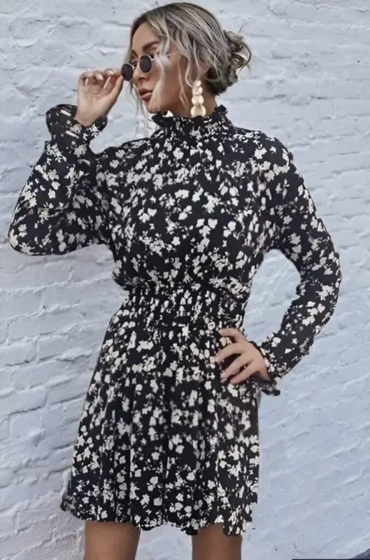 Women's Long Sleeve Turtleneck Floral Print Helen Fabric Dress - 13