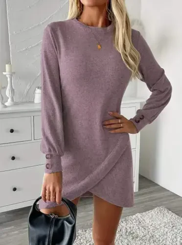 Women's Long Sleeve Turtleneck Front Asymmetric Cut Detailed Mini Soft Dress - 1