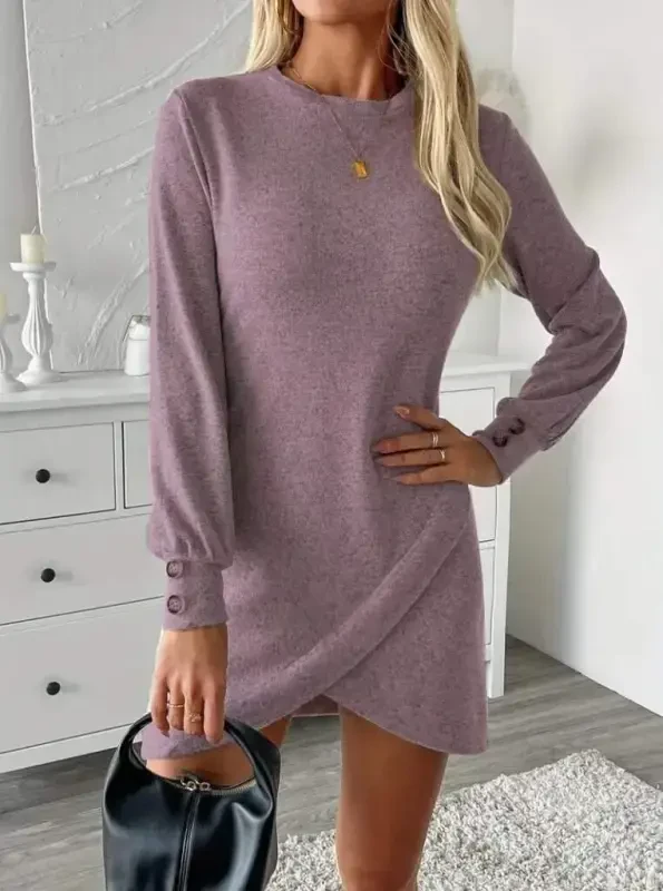 Women's Long Sleeve Turtleneck Front Asymmetric Cut Detailed Mini Soft Dress - 1