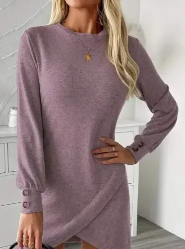 Women's Long Sleeve Turtleneck Front Asymmetric Cut Detailed Mini Soft Dress - BÜYÜKBEDENIZ (1)