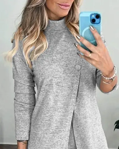 Women's Long Sleeve Turtleneck Button-Down Blouse And Pants Soft Two Piece Set - BÜYÜKBEDENIZ (1)