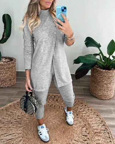 Women's Long Sleeve Turtleneck Button-Down Blouse And Pants Soft Two Piece Set - 3