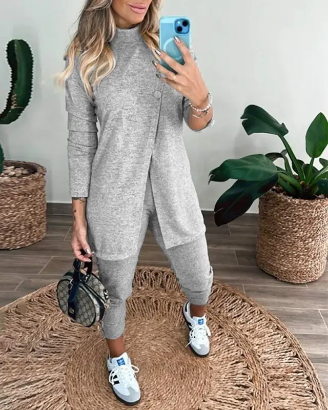 Women's Long Sleeve Turtleneck Button-Down Blouse And Pants Soft Two Piece Set - 3