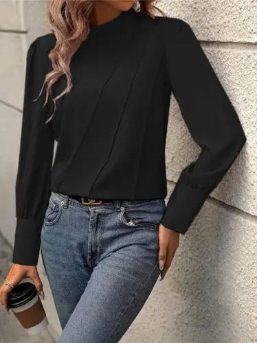 Women's Long Sleeve Turtleneck Front Seamed Woven Blouse - 1