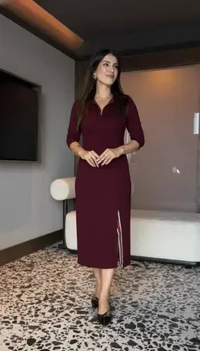 Women's Long Sleeve Turtleneck Front Zipper Slit Midi Viscose Two Thread Dress - 2