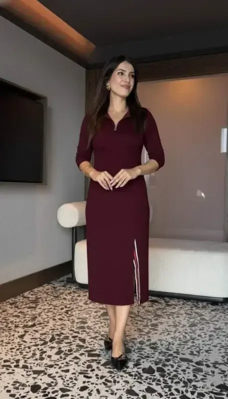 Women's Long Sleeve Turtleneck Front Zipper Slit Midi Viscose Two Thread Dress - 2