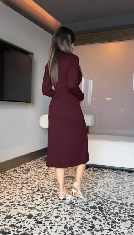 Women's Long Sleeve Turtleneck Front Zipper Slit Midi Viscose Two Thread Dress - 3