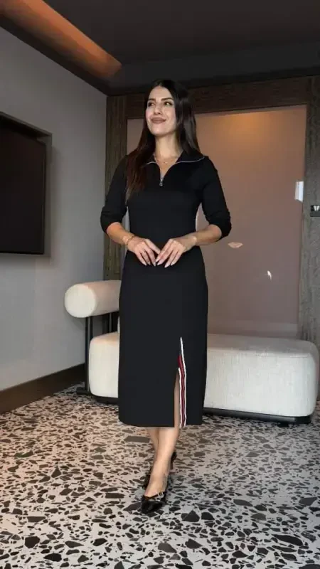 Women's Long Sleeve Turtleneck Front Zipper Slit Midi Viscose Two Thread Dress - 1