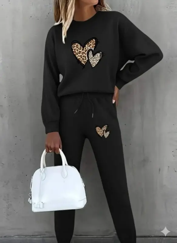 Women's Long Sleeve Turtleneck Heart Patterned Fleece Lined Three Thread Blouse and Pants Set - 1