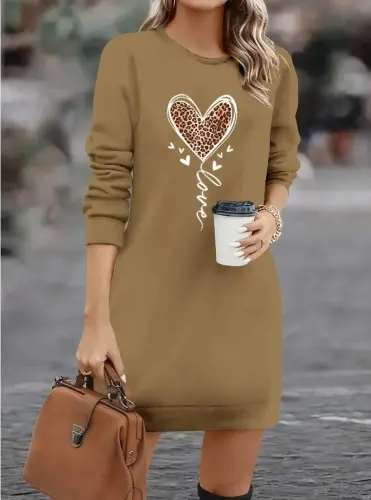 Women's Long Sleeve Turtleneck Heart Patterned Short Viscose Dress - 1