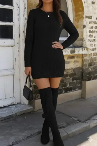Women's Long Sleeve Turtleneck Knit Dress - 1