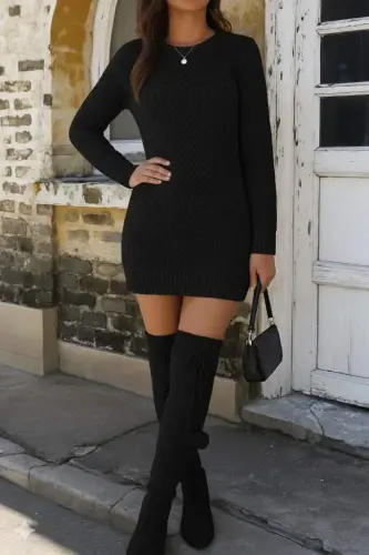 Women's Long Sleeve Turtleneck Knit Dress - 3