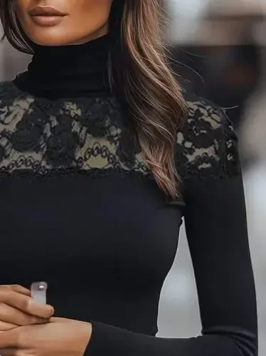 Women's Long Sleeve Turtleneck Lace Ribbed Blouse - BÜYÜKBEDENIZ (1)