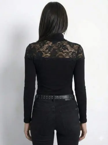Women's Long Sleeve Turtleneck Lace Ribbed Blouse - BÜYÜKBEDENIZ (1)
