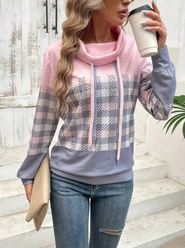 Women's Long Sleeve Turtleneck Lace-Up Patterned Plush Scuba Blouse - 1