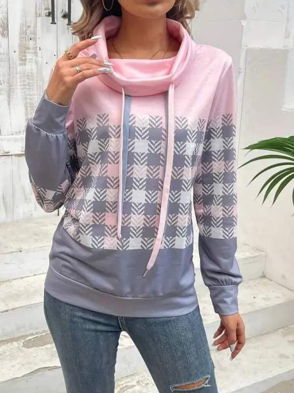 Women's Long Sleeve Turtleneck Lace-Up Patterned Plush Scuba Blouse - 2