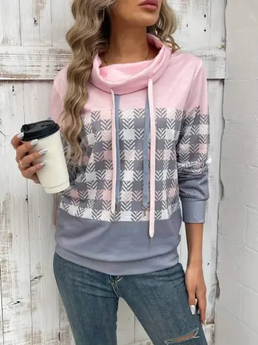 Women's Long Sleeve Turtleneck Lace-Up Patterned Plush Scuba Blouse - 3