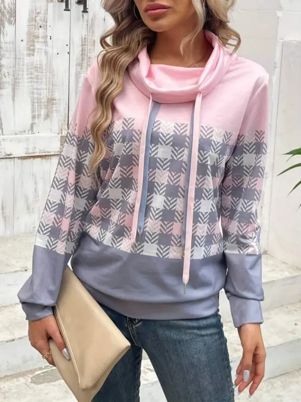 Women's Long Sleeve Turtleneck Lace-Up Patterned Plush Scuba Blouse - 4