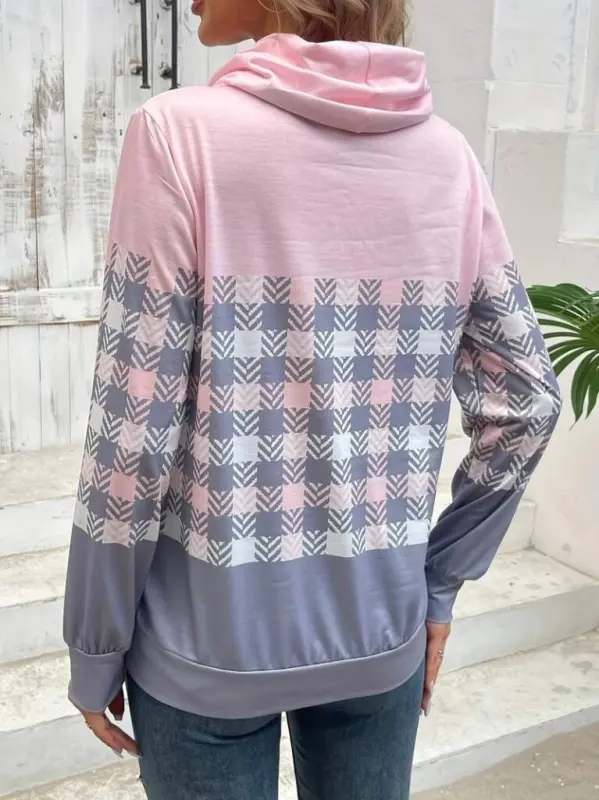 Women's Long Sleeve Turtleneck Lace-Up Patterned Plush Scuba Blouse - 5