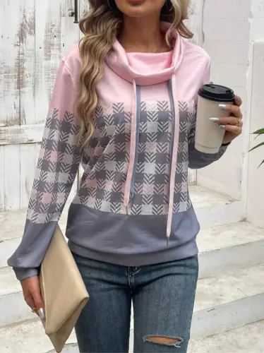 Women's Long Sleeve Turtleneck Lace-Up Patterned Plush Scuba Blouse - 6