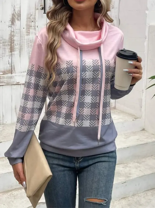 Women's Long Sleeve Turtleneck Lace-Up Patterned Plush Scuba Blouse - 6