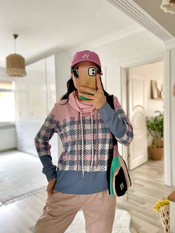 Women's Long Sleeve Turtleneck Lace-Up Patterned Plush Scuba Blouse - 7