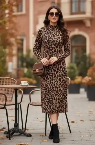 Women's Long Sleeve Turtleneck Leopard Print Midi Dress - 1