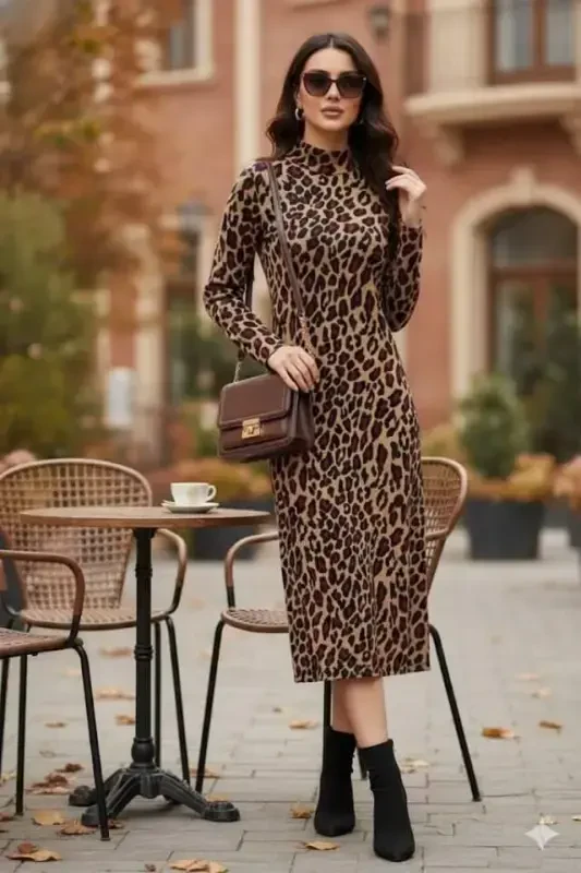 Women's Long Sleeve Turtleneck Leopard Print Midi Dress - 2