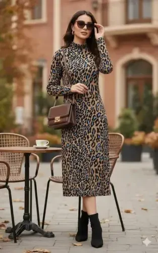 Women's Long Sleeve Turtleneck Leopard Print Midi Dress - 1