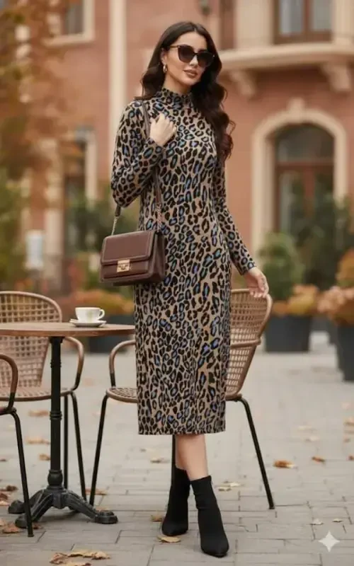 Women's Long Sleeve Turtleneck Leopard Print Midi Dress - 2