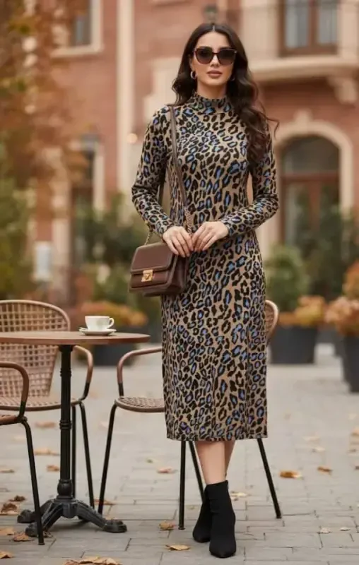 Women's Long Sleeve Turtleneck Leopard Print Midi Dress - 3