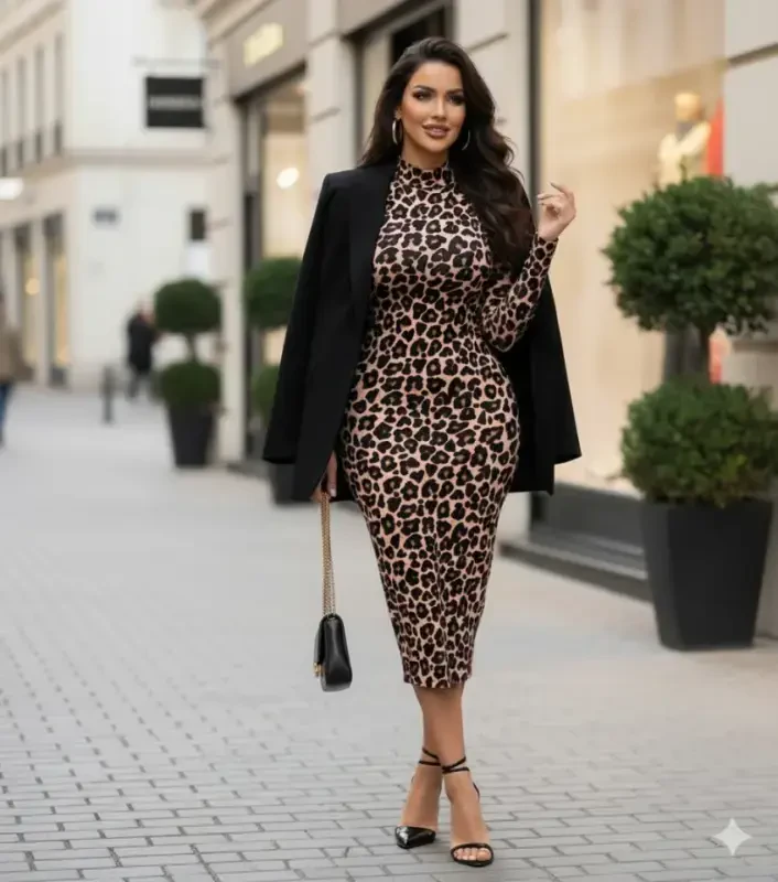 Women's Long Sleeve Turtleneck Leopard Print Midi Dress - 1
