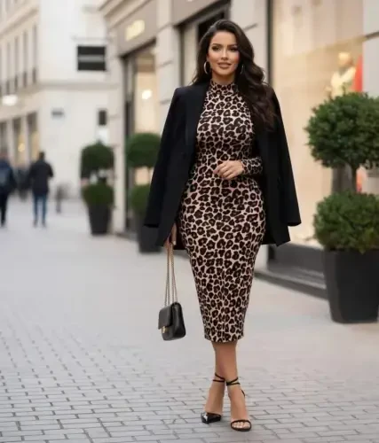Women's Long Sleeve Turtleneck Leopard Print Midi Dress - 3