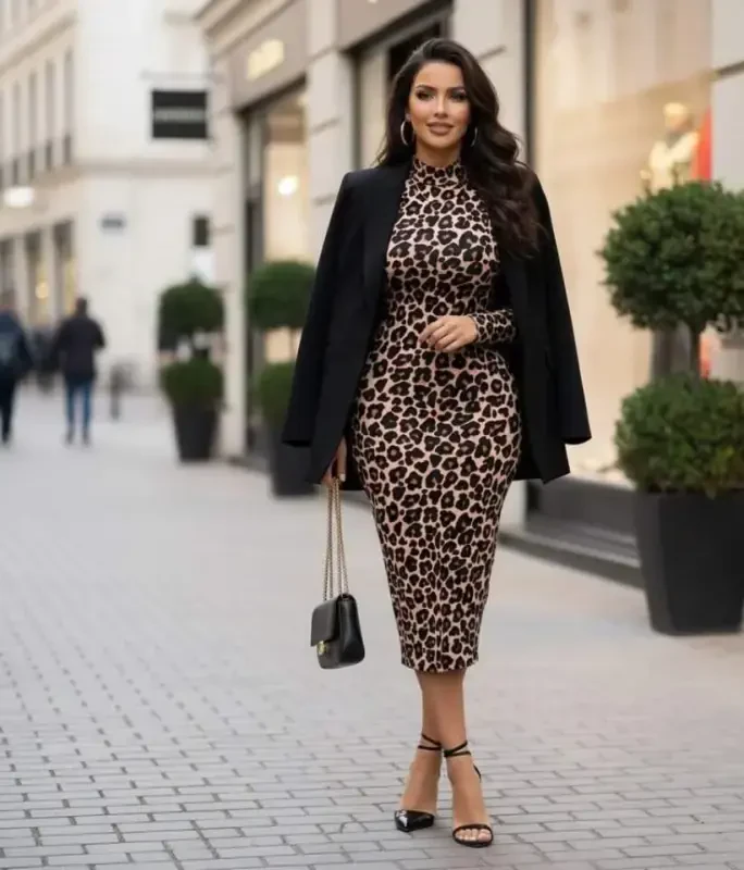 Women's Long Sleeve Turtleneck Leopard Print Midi Dress - 3