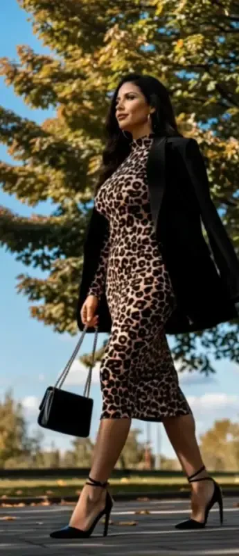 Women's Long Sleeve Turtleneck Leopard Print Midi Dress - 4
