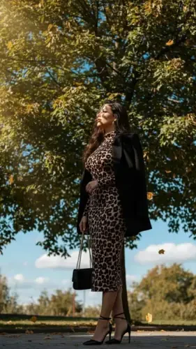 Women's Long Sleeve Turtleneck Leopard Print Midi Dress - 8