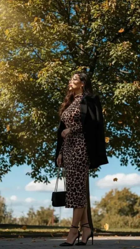 Women's Long Sleeve Turtleneck Leopard Print Midi Dress - 8