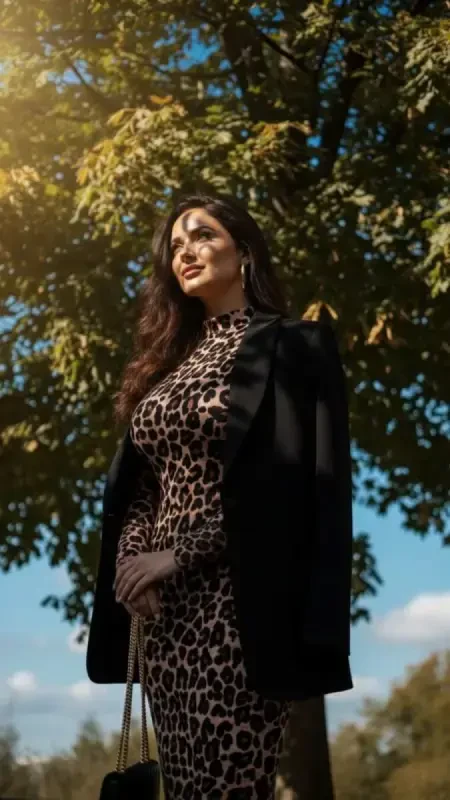 Women's Long Sleeve Turtleneck Leopard Print Midi Dress - 10