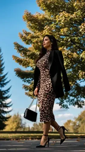 Women's Long Sleeve Turtleneck Leopard Print Midi Dress - 12