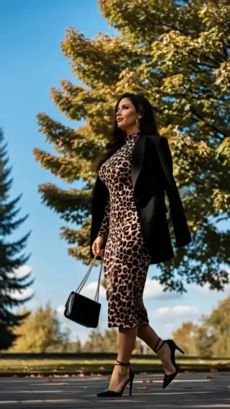 Women's Long Sleeve Turtleneck Leopard Print Midi Dress - 12