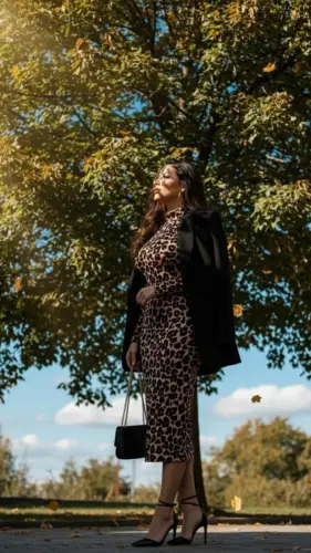 Women's Long Sleeve Turtleneck Leopard Print Midi Dress - 8