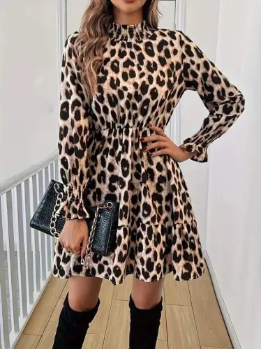 Women's Long Sleeve Turtleneck Leopard Print Modal Mini Dress - 3