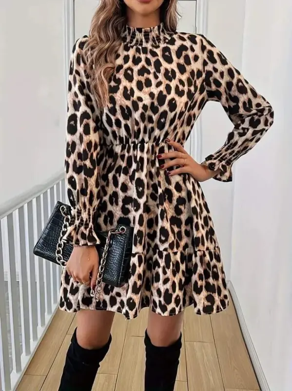 Women's Long Sleeve Turtleneck Leopard Print Modal Mini Dress - 2