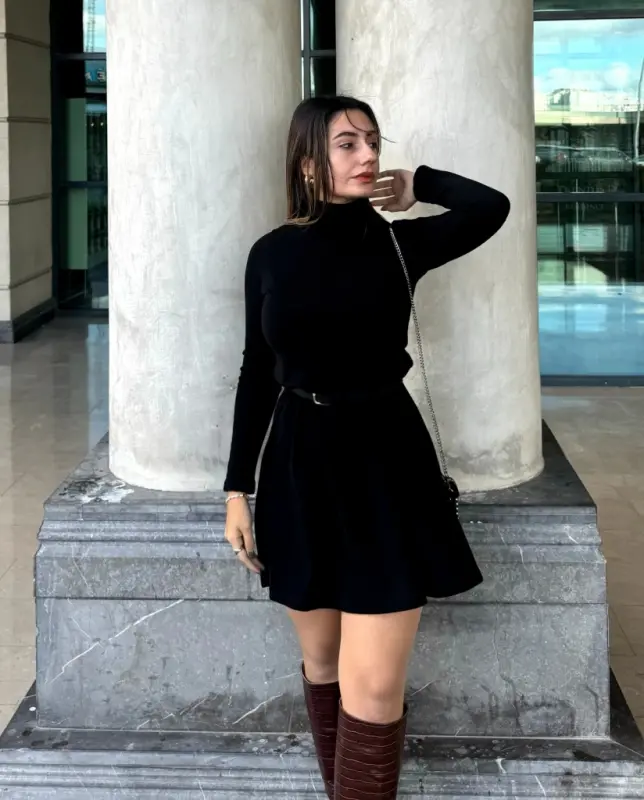 Women's Long Sleeve Turtleneck Loose Short Acrylic Dress - 6
