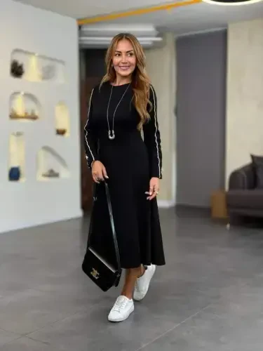 Women's Long Sleeve Turtleneck Midi Modal Dress - 3