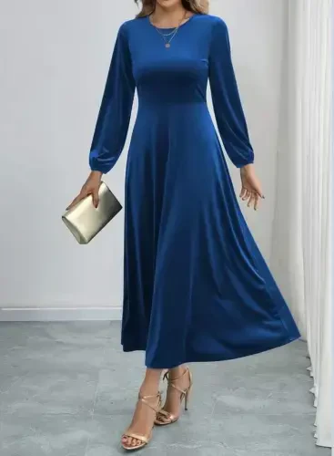 Women's Long Sleeve Turtleneck Midi Velvet Blue Dress - 1