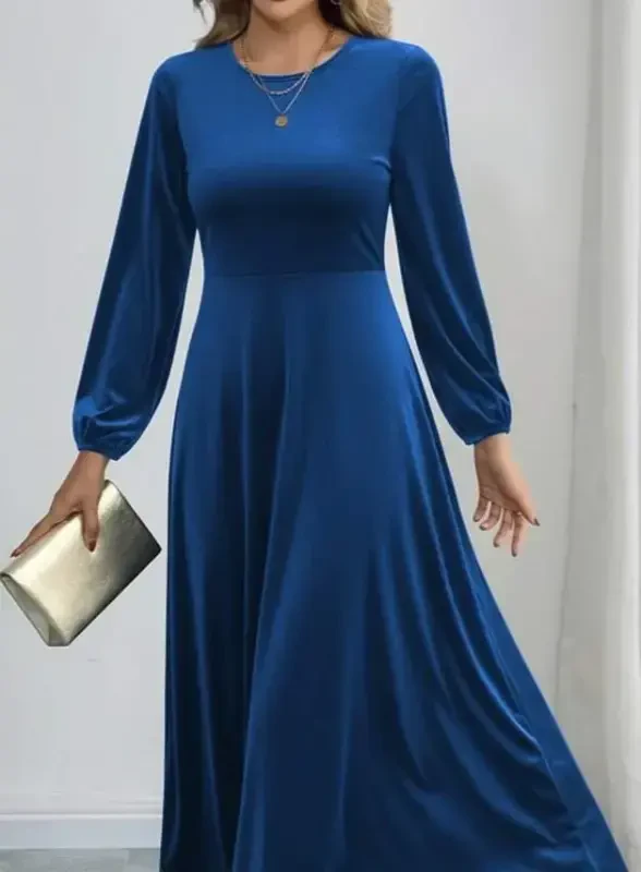 Women's Long Sleeve Turtleneck Midi Velvet Blue Dress - 2