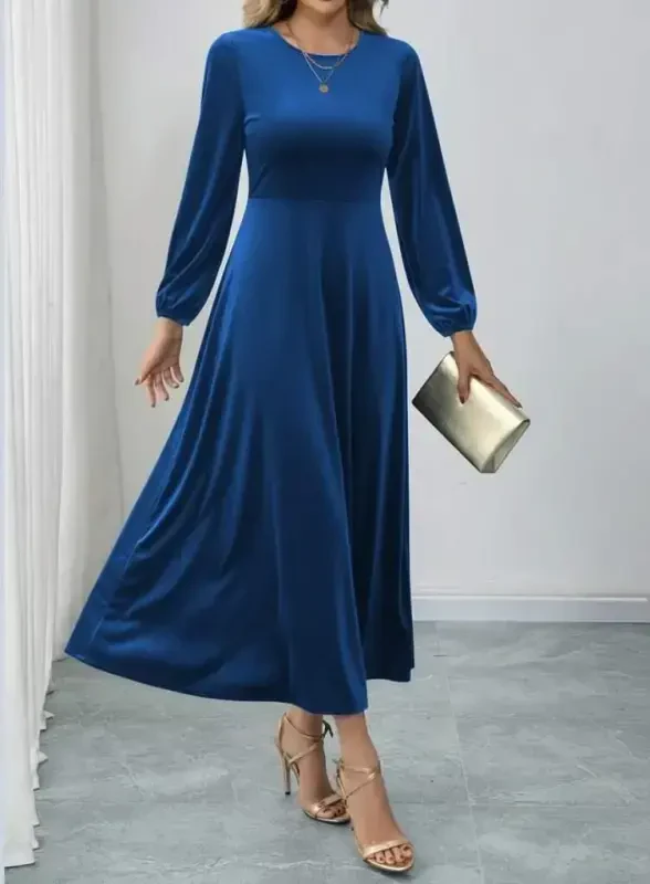 Women's Long Sleeve Turtleneck Midi Velvet Blue Dress - 3