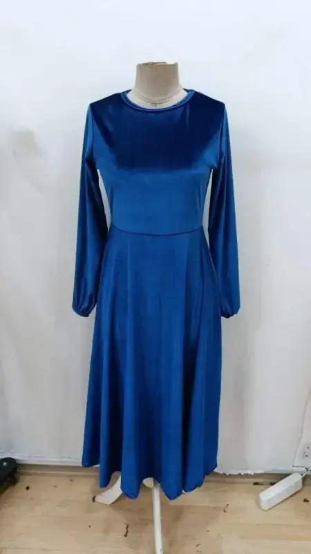 Women's Long Sleeve Turtleneck Midi Velvet Blue Dress - 4